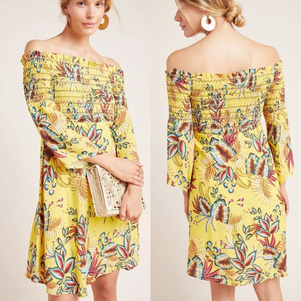 Anthropologie Farm Rio Yellow Floral Smocked Mini Dress Size Large Petite Boho L - Picture 1 of 16